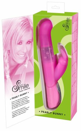 Розовый вибратор Smile Pearl Bunny с загнутой головкой и клиторальным зайчиком - 26 см. 