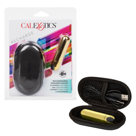 Золотистая вибропуля в чехле для хранения Rechargeable Hideaway Bullet - 7,5 см. 