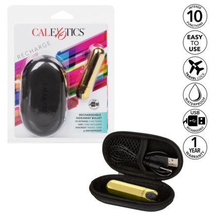Золотистая вибропуля в чехле для хранения Rechargeable Hideaway Bullet - 7,5 см. 