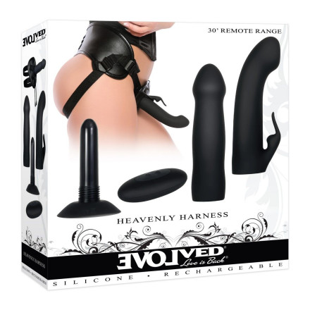 Черный вибрострапон с 2 сменными насадками Heavenly Harness 