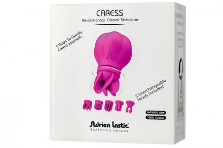 Розовый клиторальный стимулятор Caress с 5 заменяемыми насадками 