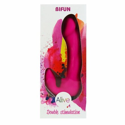 Розовый вибратор с клиторальным отростком Bifun - 16,5 см. 