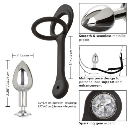 Серебристая анальная пробка с кристаллом и черным эрекционным кольцом Mini Plug 