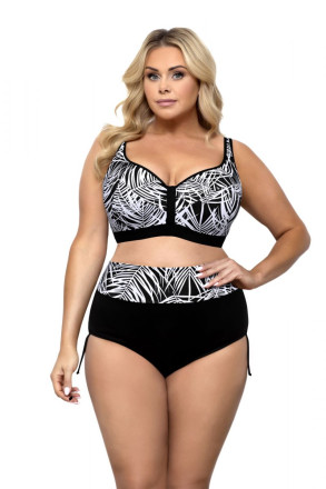 Черный раздельный купальник plus size с белым принтом в виде пальмовых листьев 