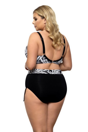 Черный раздельный купальник plus size с белым принтом в виде пальмовых листьев 