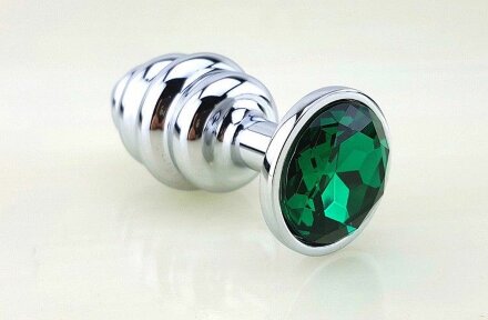 Серебристая рифлёная пробка с зеленым кристаллом - 9 см. 