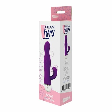 Фиолетовый вибромассажер со стимулятором клитора RIBBED DUO VIBE - 16 см. 