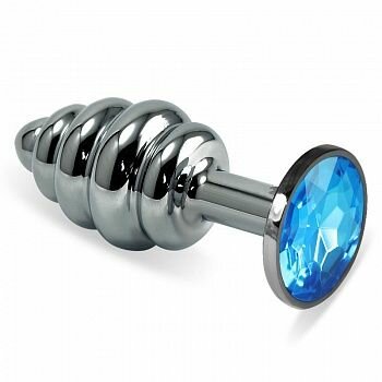 Серебристая фигурная анальная пробка с голубым кристаллом - 8,5 см. 