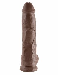Большой коричневый фаллоимитатор с мошонкой 10&quot; Cock with Balls на присоске - 25,4 см.