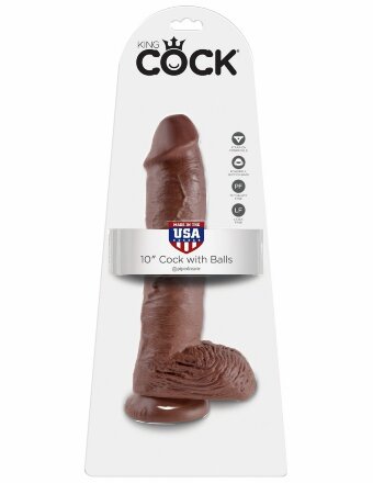 Большой коричневый фаллоимитатор с мошонкой 10&quot; Cock with Balls на присоске - 25,4 см. 
