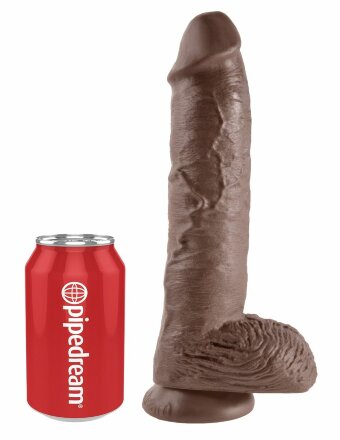 Большой коричневый фаллоимитатор с мошонкой 10&quot; Cock with Balls на присоске - 25,4 см. 
