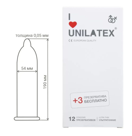 Ультратонкие презервативы Unilatex Ultra Thin - 12 шт. + 3 шт. в подарок 