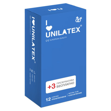 Классические презервативы Unilatex Natural Plain - 12 шт. + 3 шт. в подарок 