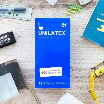 Классические презервативы Unilatex Natural Plain - 12 шт. + 3 шт. в подарок 
