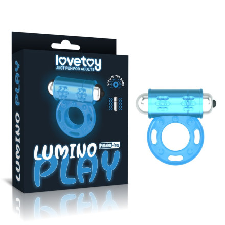 Голубое, светящееся в темноте эрекционное виброкольцо Lumino Play Vibrating Penis Ring 