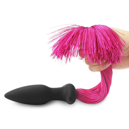 Черная анальная пробка с розовым хвостом Silicone Anal Plug with Pony Tail 