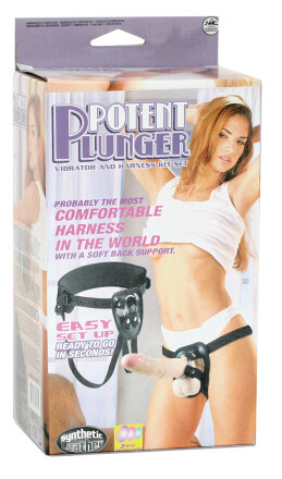 Поясной виброфаллос на кожаных трусиках POTENT PLUNGER HARNESS WITH 8 VIBRATOR - 20,2 см. 
