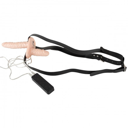 Телесный женский страпон с вагинальной пробкой Strap-On Duo - 15 см. 