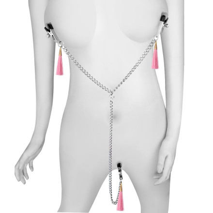 Зажимы на соски и половые губы с розовыми кисточками Nipple Clit Tassel Clamp With Chain 