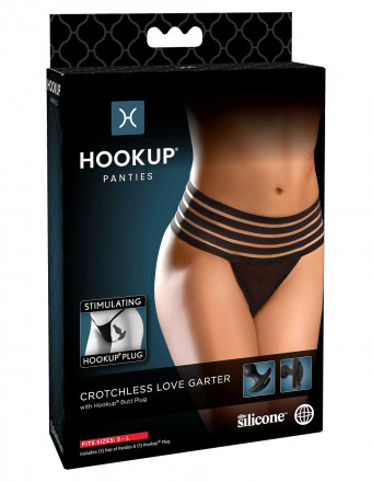 Черные трусики Crotchless Love Garter S-M-L с анальной пробкой 