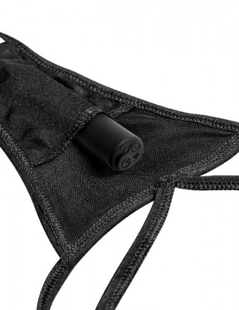 Черные трусики Remote Lace Peek-a-Boo S-M-L с вибрацией и анальным стимулятором 