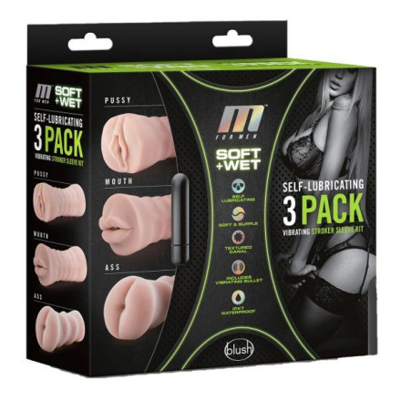 Набор из 3 мастурбаторов и вибропули 3-Pack Self-Lubricating Vibrating Stroker Sleeve Kit 