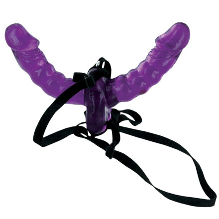 Фиолетовый страпон Double Delight Strap-on с вагинальной пробкой - 15 см. 