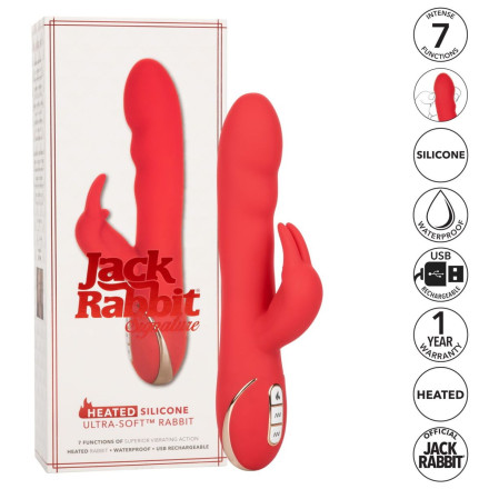 Красный вибромассажер-кролик с функцией нагрева Heated Silicone Ultra-Soft Rabbit - 21,5 см. 