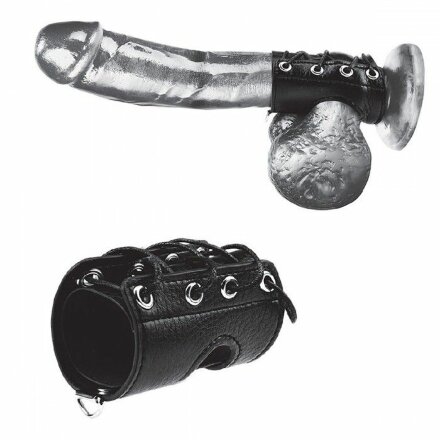 Чёрная утяжка на пенис со шнуровкой 100% PVC STRAP WITH METAL SNAP 