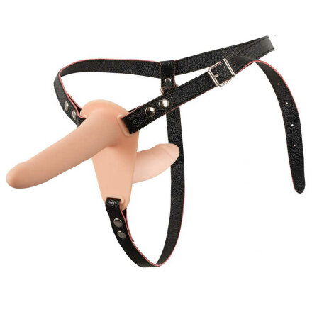 Телесный двойной вибрострапон с вибрацией Vibrating Double Strap-On - 15 см. 