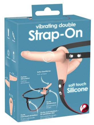 Телесный двойной вибрострапон с вибрацией Vibrating Double Strap-On - 15 см. 
