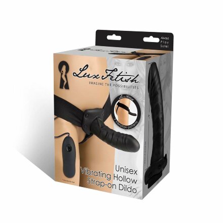 Чёрный полый страпон с вибрацией Unisex Vibrating Hollow Strap-On - 14 см. 