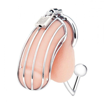 Серебристая металлическая клетка с анальным стимулятором Cock Cage 