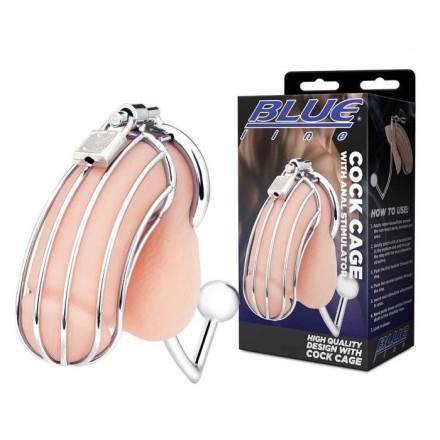 Серебристая металлическая клетка с анальным стимулятором Cock Cage 