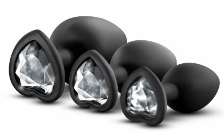 Набор из 3 черных пробок с прозрачным кристаллом-сердечком Bling Plugs Training Kit 