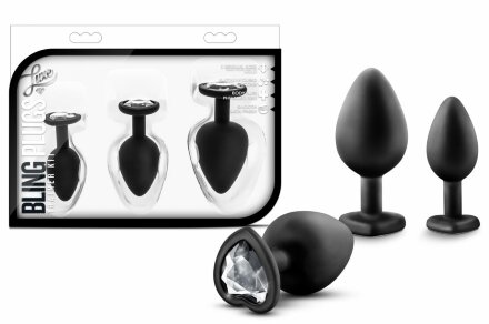 Набор из 3 черных пробок с прозрачным кристаллом-сердечком Bling Plugs Training Kit 