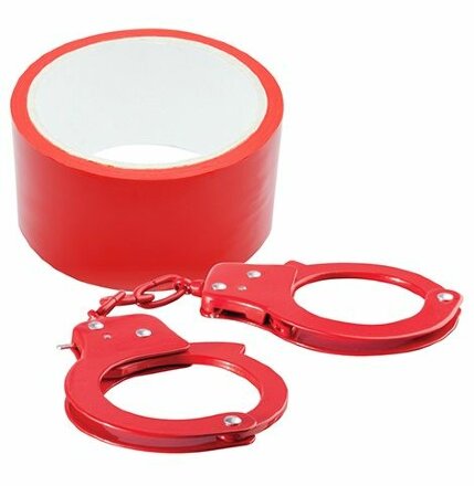 Набор для фиксации BONDX METAL CUFFS AND RIBBON: красные наручники из листового материала и липкая лента 