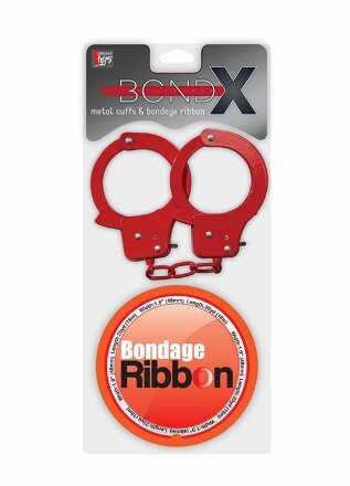 Набор для фиксации BONDX METAL CUFFS AND RIBBON: красные наручники из листового материала и липкая лента 
