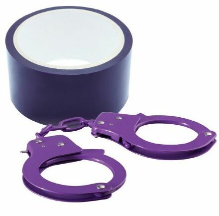 Набор для фиксации BONDX METAL CUFFS AND RIBBON: фиолетовые наручники из листового материала и липкая лента 