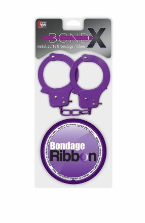Набор для фиксации BONDX METAL CUFFS AND RIBBON: фиолетовые наручники из листового материала и липкая лента 