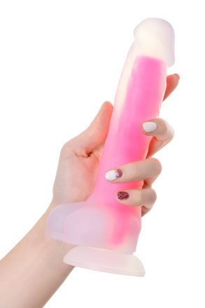 Прозрачно-розовый фаллоимитатор, светящийся в темноте, Clark Glow - 22 см. 