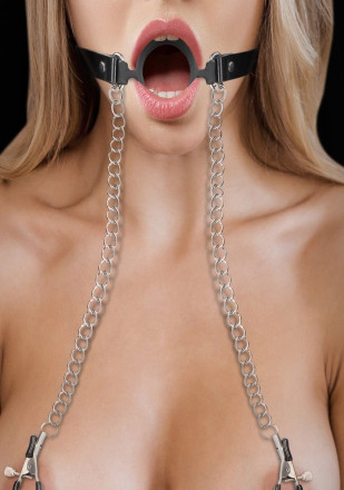 Черный кляп-кольцо с зажимами для сосков O-Ring Gag With Nipple Clamps 