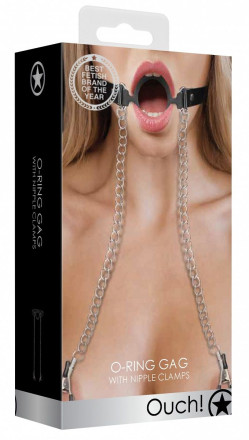 Черный кляп-кольцо с зажимами для сосков O-Ring Gag With Nipple Clamps 
