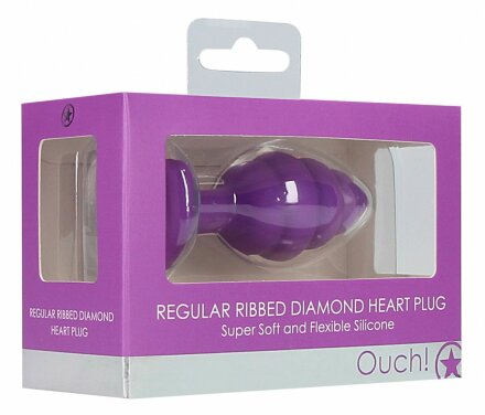 Фиолетовая анальная пробка Regular Ribbed Diamond Heart Plug - 7 см. 