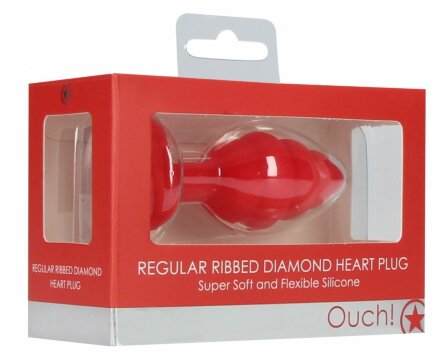 Красная анальная пробка Regular Ribbed Diamond Heart Plug - 7 см. 