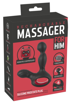 Черный вибромассажер простаты с нагревом и ротацией Prostate Plug - 14,5 см. 