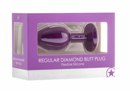 Фиолетовая анальная пробка OUCH! Regular Diamond Butt Plug с прозрачным кристаллом - 7,3 см. 