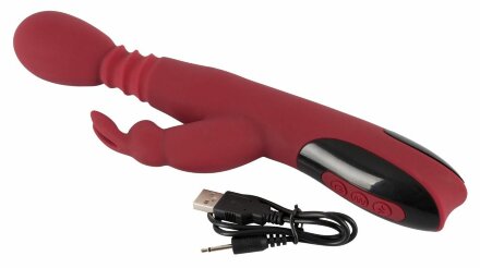 Красный вибромассажер с клиторальным отростком Rabbit Vibrator - 26,5 см. 