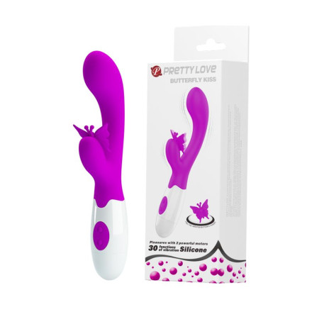 Лиловый вибратор с клиторальным стимулятором-бабочкой Butterfly Kiss - 19,9 см. 