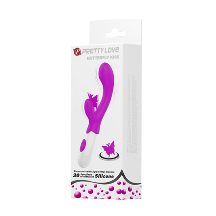 Лиловый вибратор с клиторальным стимулятором-бабочкой Butterfly Kiss - 19,9 см. 